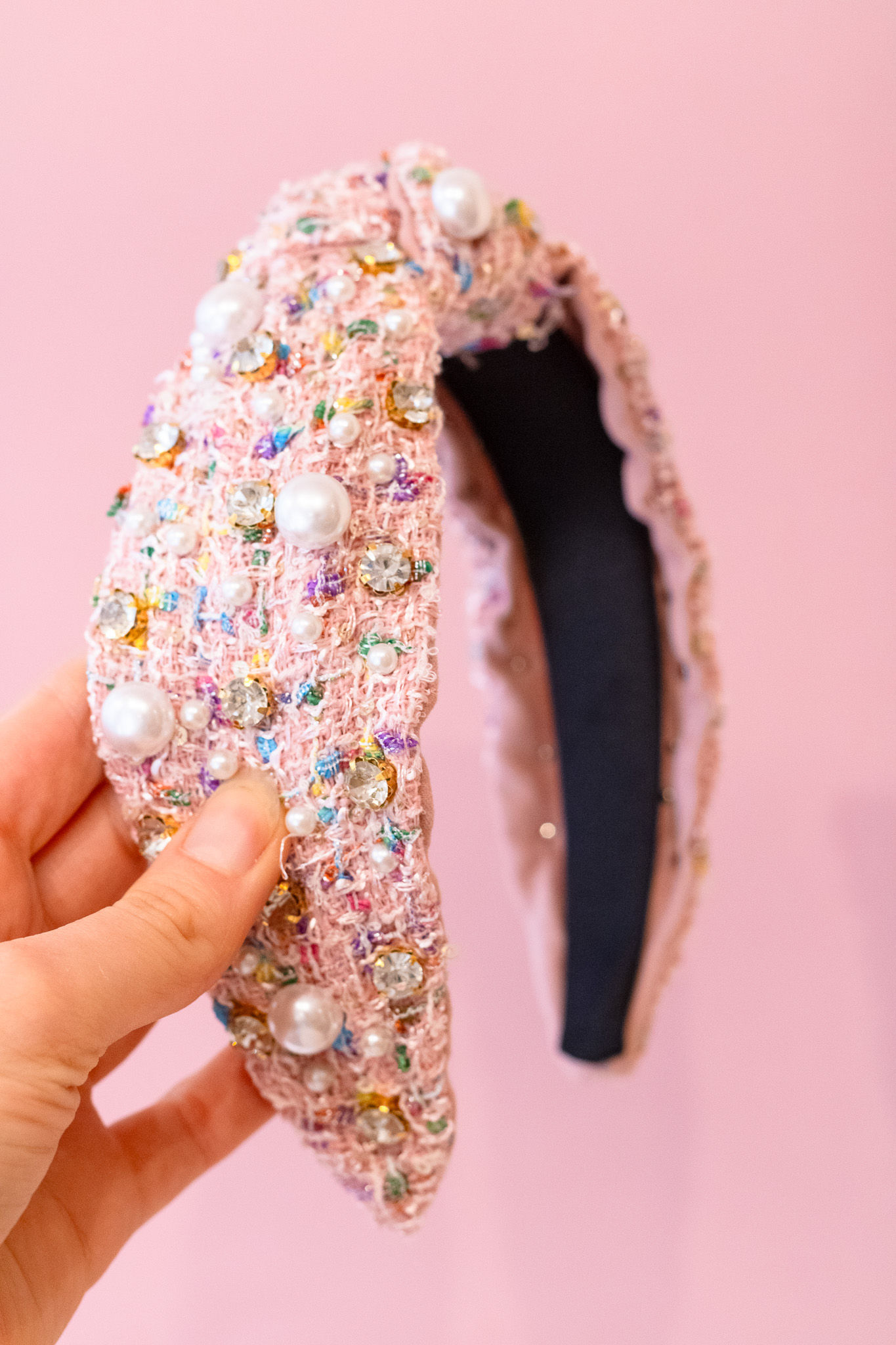 Roze Tweed Haarband met Strass en Parels