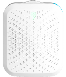 Front view of the Tack GPS Plus tracker, featuring a white casing with a pattern of small cross shapes and a glowing GPS icon.