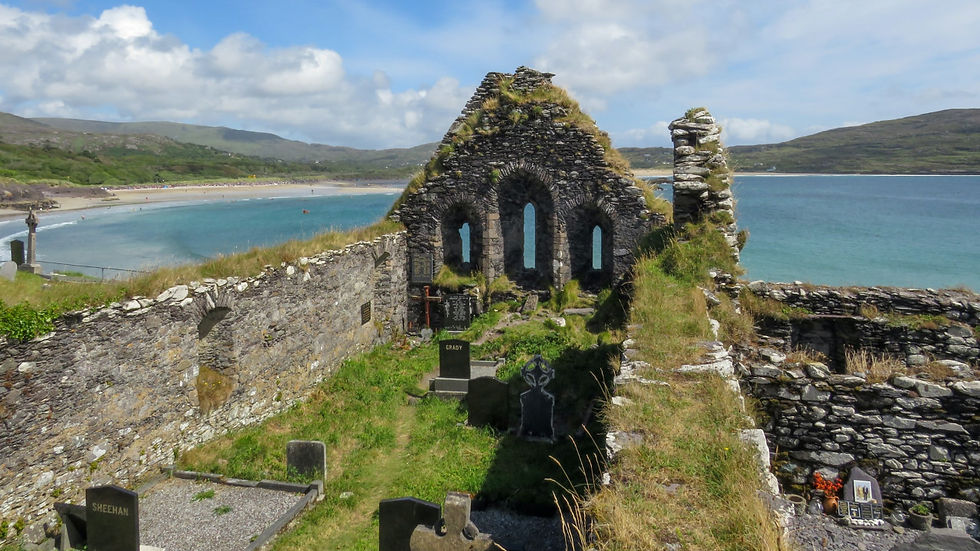 Abbey overlooking beaches during the summer months in Ireland