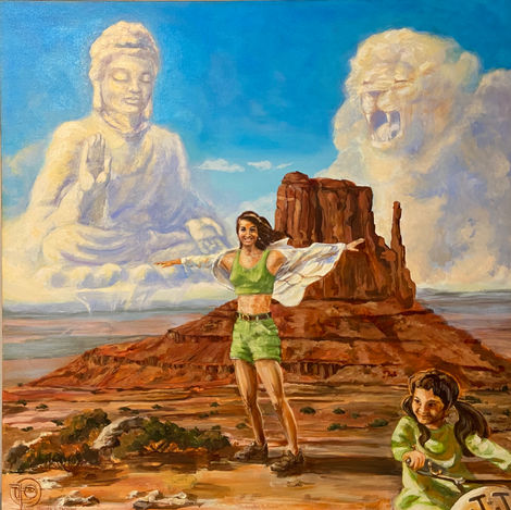 Desert scene, with giant cloud formations showing a buddah on the left and a roaring lion on the right. Between them is  "The Mitten" a rock formation in New Mexico. A woman stands in the middle, arms stretched out into the wind. In the right hand corner is the same woman as a girl, looking back over her shoulder at the woman as she rides away.