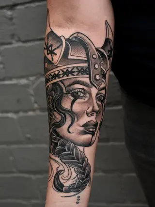 viking warrior lady black and grey realism forearm