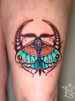 colour moth with jewels, crescent moon art deco illustrative tattoo
