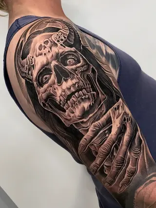 skull devil black and grey realism arm