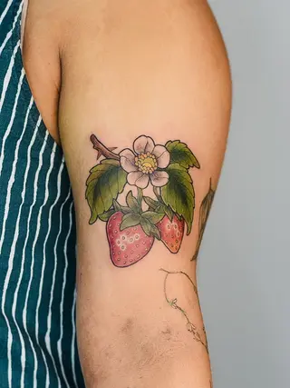 strawberries with flowers neo traditional tattoo