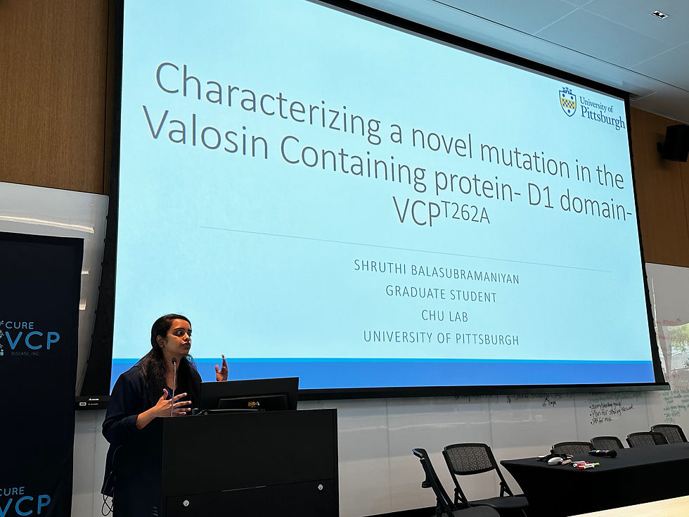 Shruthi presenting her research on VCP mutations at the 2024 VCP International Scientific Conference in Pasadena, California.
