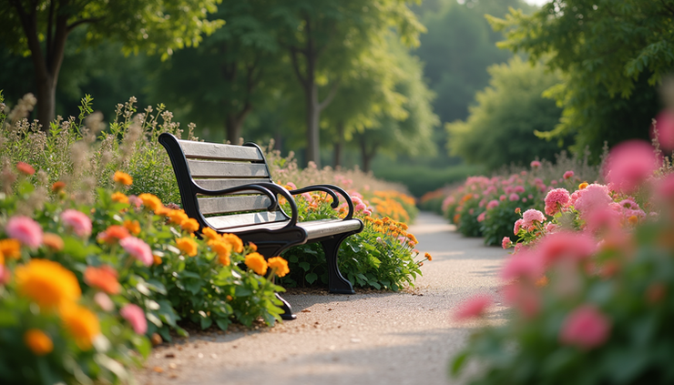 Eye-level view of a peaceful garden bench surrounded by blooming flowers