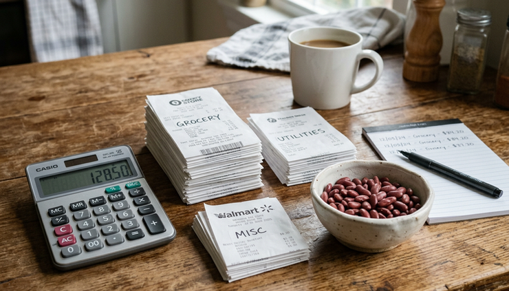 Eye-level view of a calculator beside sorted receipts and a small bowl of beans