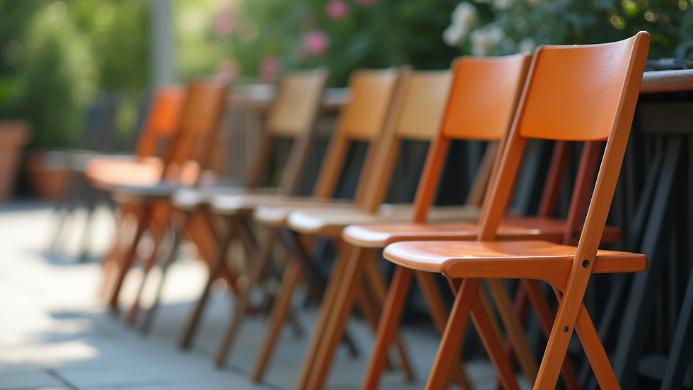 Close-up view of a stack of stylish outdoor chairs with weather-resistant finish