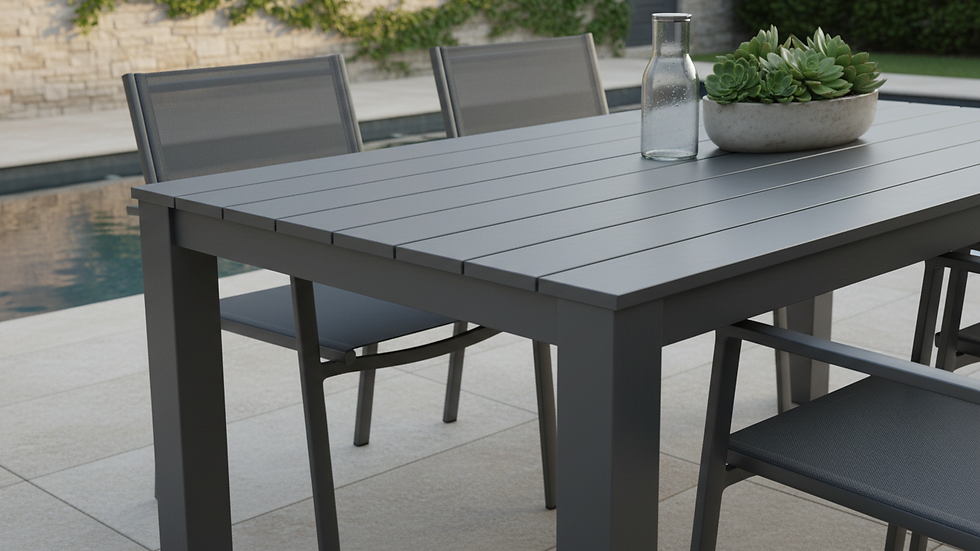 Close-up view of a weather-resistant aluminum outdoor dining table