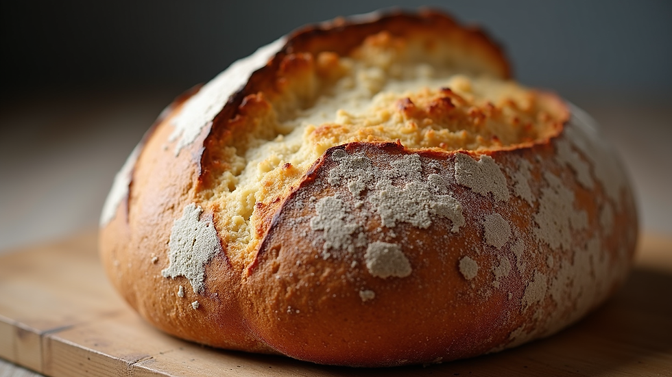 Close-up view of a freshly baked sourdough loaf with a golden crust