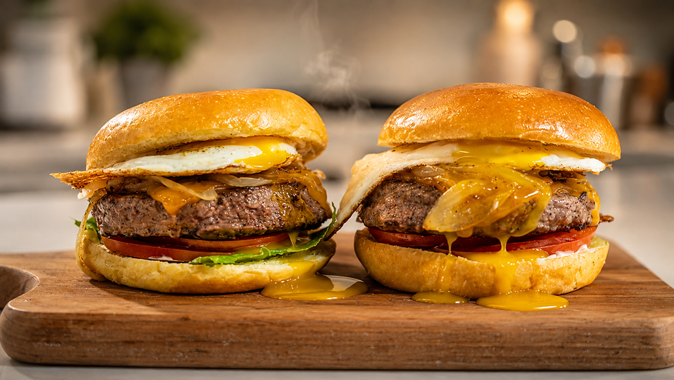 Burger with Fried Eggs & Caramelized Onions