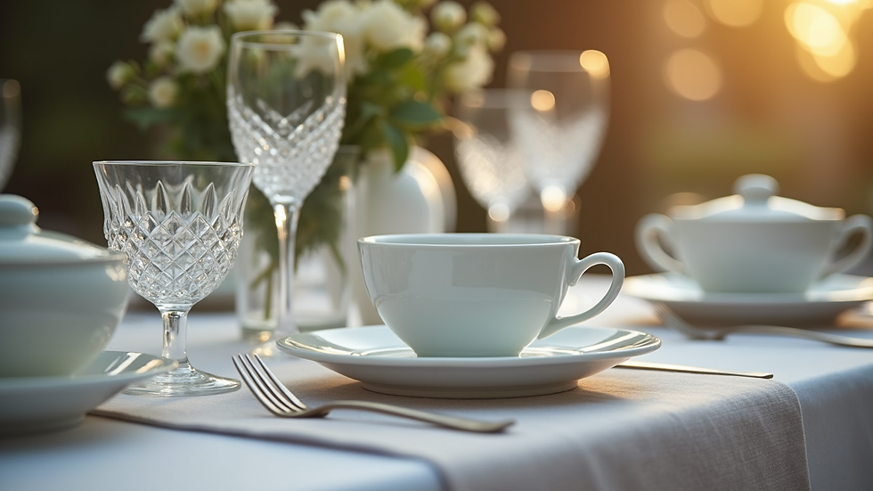 Close-up view of luxury table setting with fine china and crystal glassware