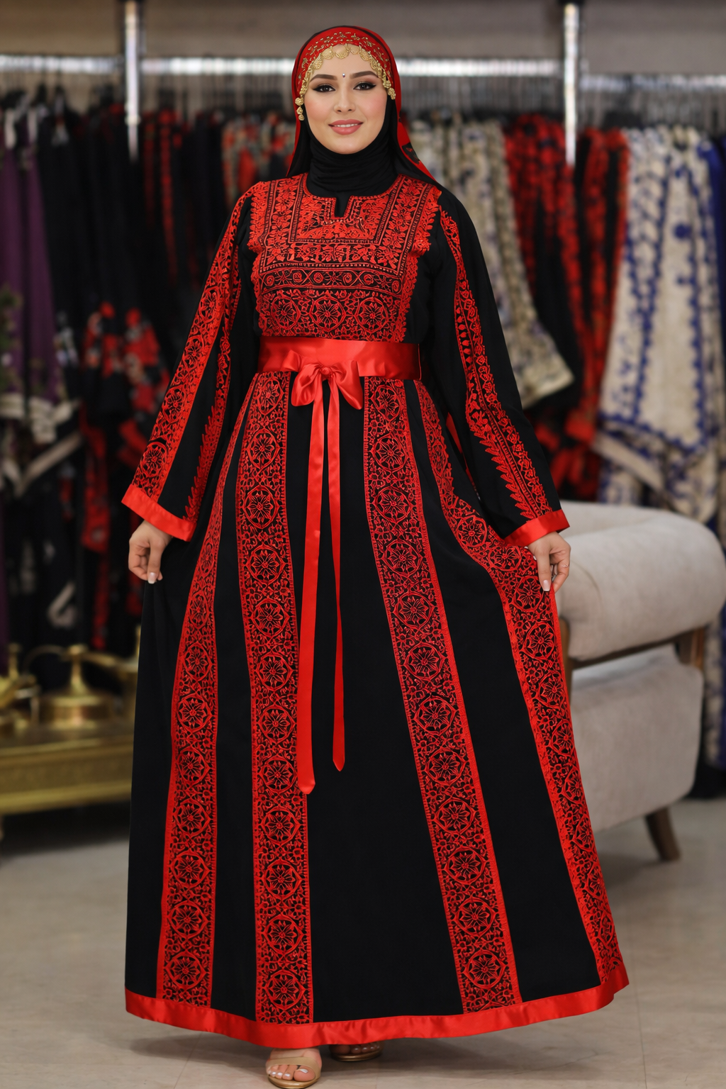 Traditionelles Tatreez Kleid – Schwarz/Rot (inkl. Kopfbedeckung)