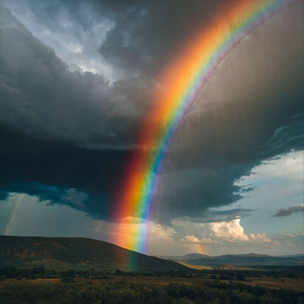 Vibrant rainbow arching across a cloudy, rainy sky.