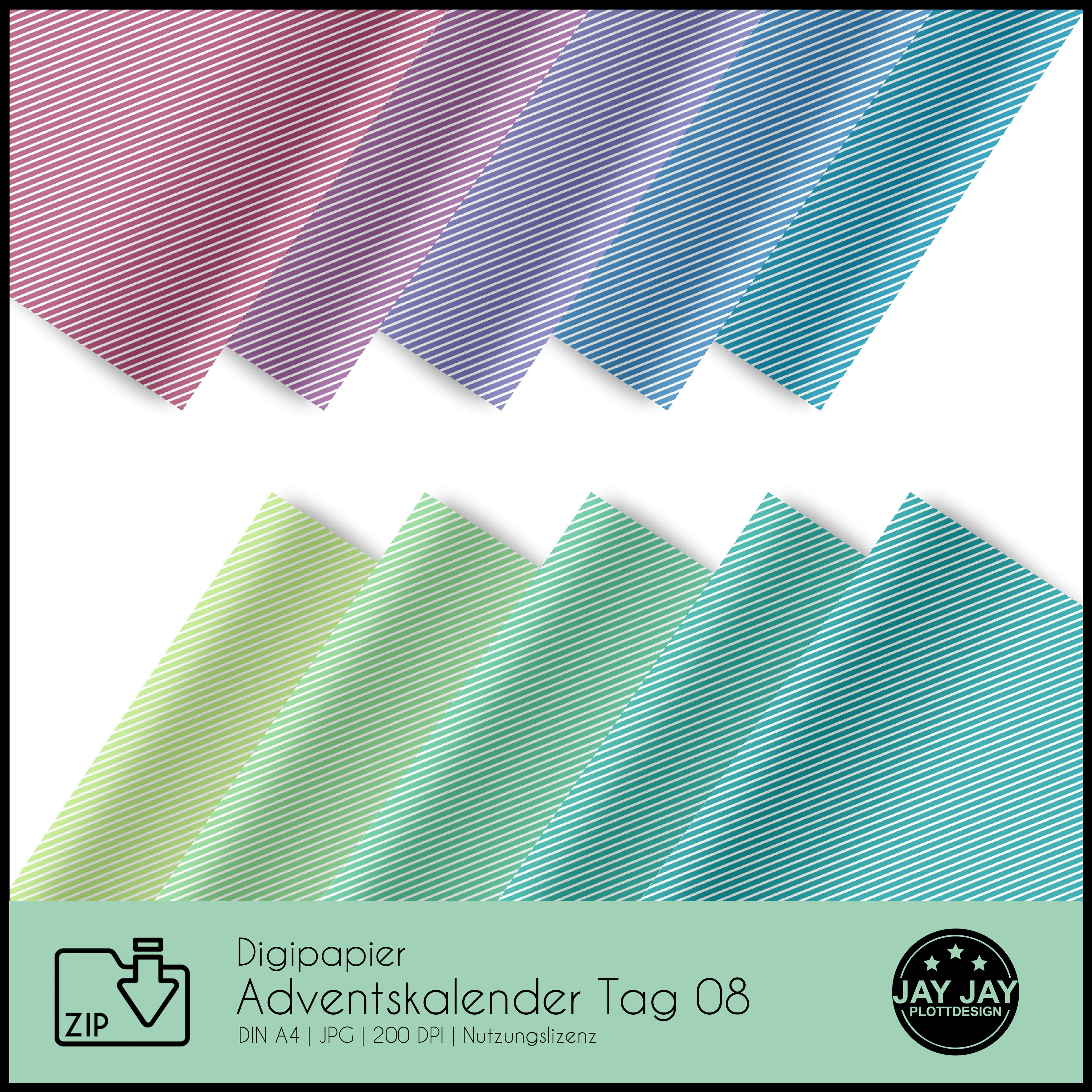 Digipapier-Set Adventskalender Tag 08 (diagonale Streifen grün, blau, lila, rot)