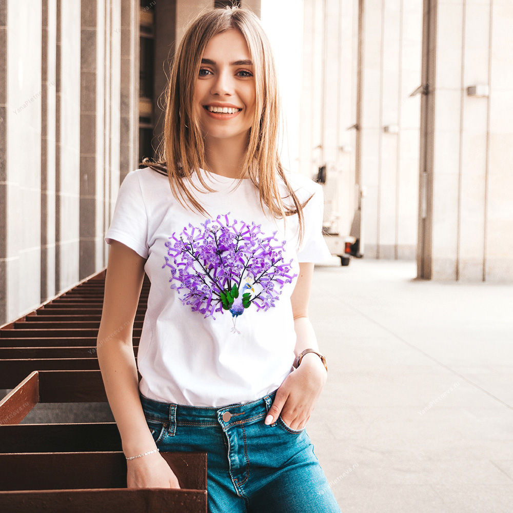 Футболка женская с принтом Цветочный павлин