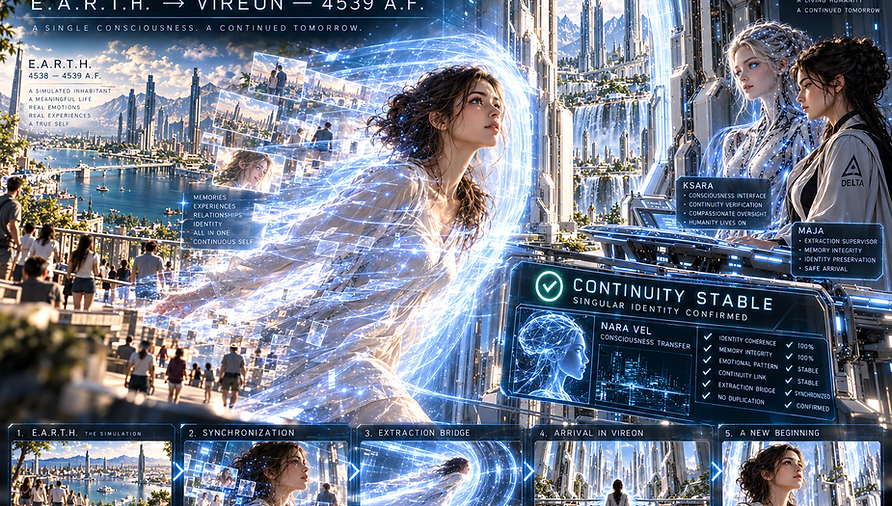 Nara Vel’s singular consciousness crossing from E.A.R.T.H. into VIREON through the first successful extraction of an emergent simulated person.