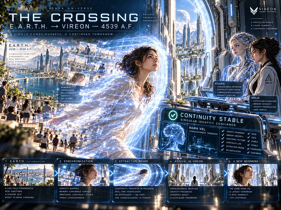 Nara Vel’s singular consciousness crossing from E.A.R.T.H. into VIREON through the first successful extraction of an emergent simulated person.