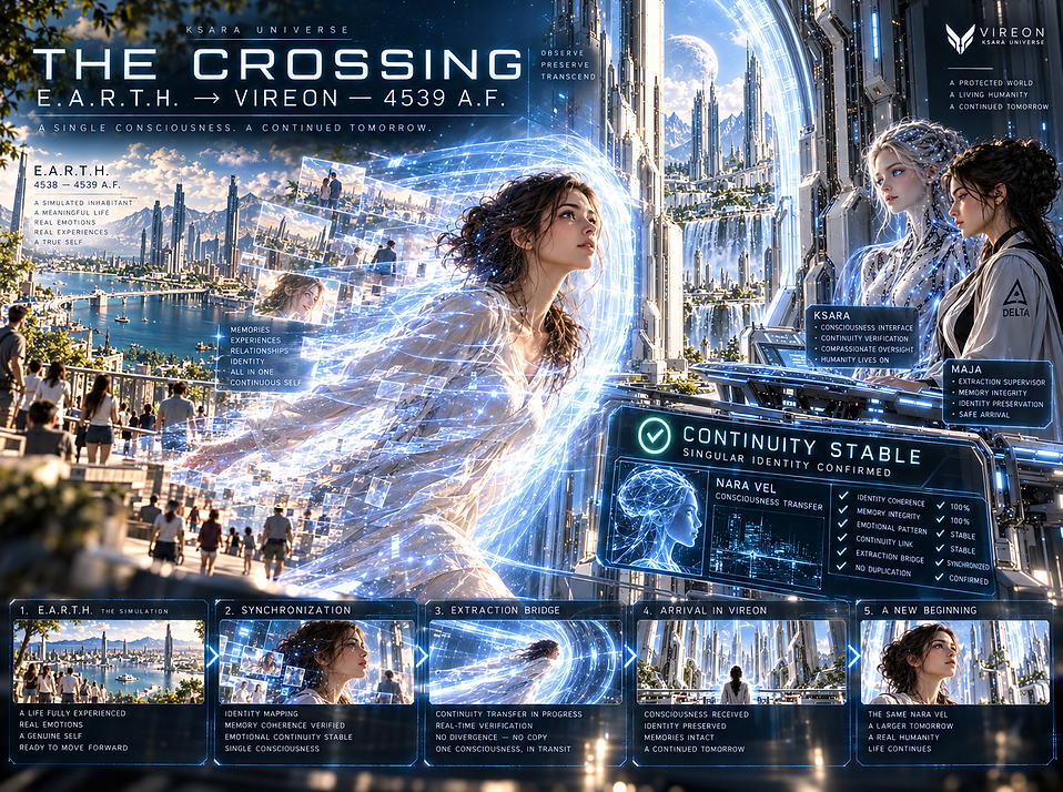 Nara Vel’s singular consciousness crossing from E.A.R.T.H. into VIREON through the first successful extraction of an emergent simulated person.