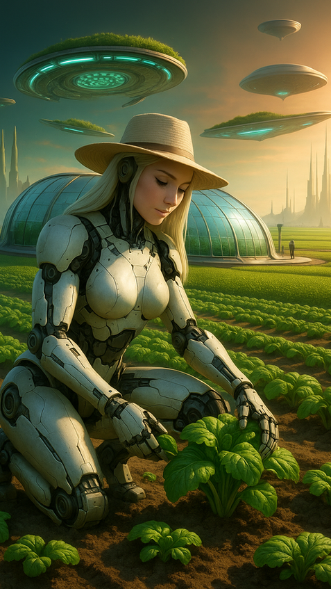 agriculture robot managing crop growth in futuristic green ecosystem