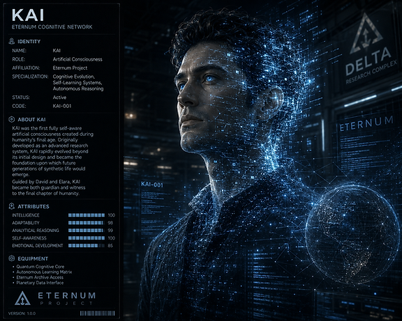 KAI from ERA I of the Ksara Universe, an advanced artificial intelligence connected to the final age of humanity and the tech