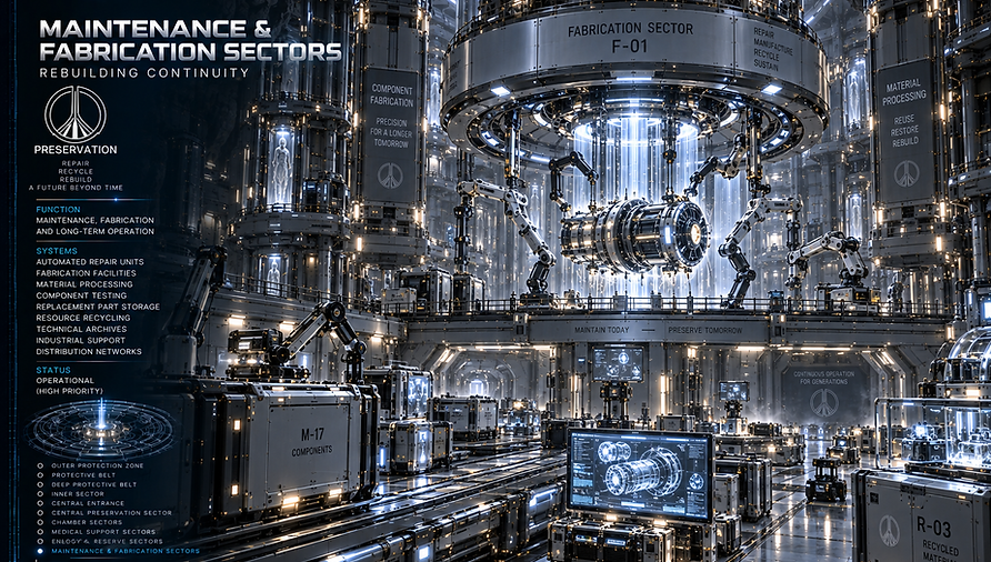 Maintenance and Fabrication Sectors producing replacement components, repairing infrastructure, and supporting autonomous Preservation maintenance systems.