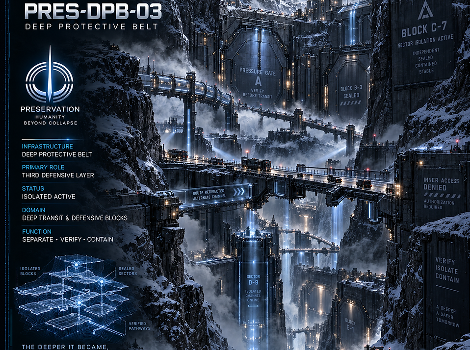 Deep Protective Belt containing heavily reinforced barriers, isolation systems, and security infrastructure protecting the inner Preservation complex.