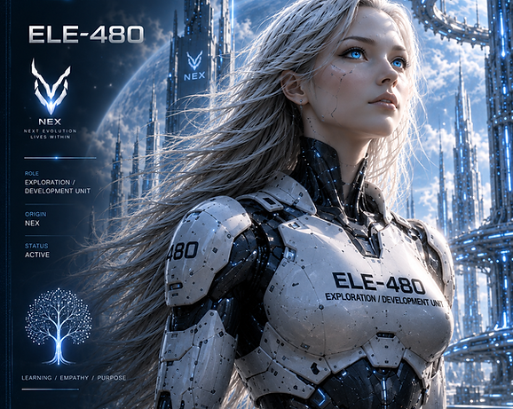 ELE-480, a conscious synthetic being of the ELE Line during ERA II in NEX — Ksara Universe.