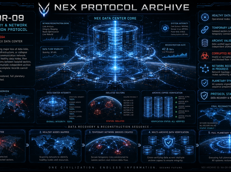 NEX-DR-09 Data Recovery and Network Reconstruction Protocol, restoring damaged archives, communication systems, and planetary data networks after catastrophic failures.