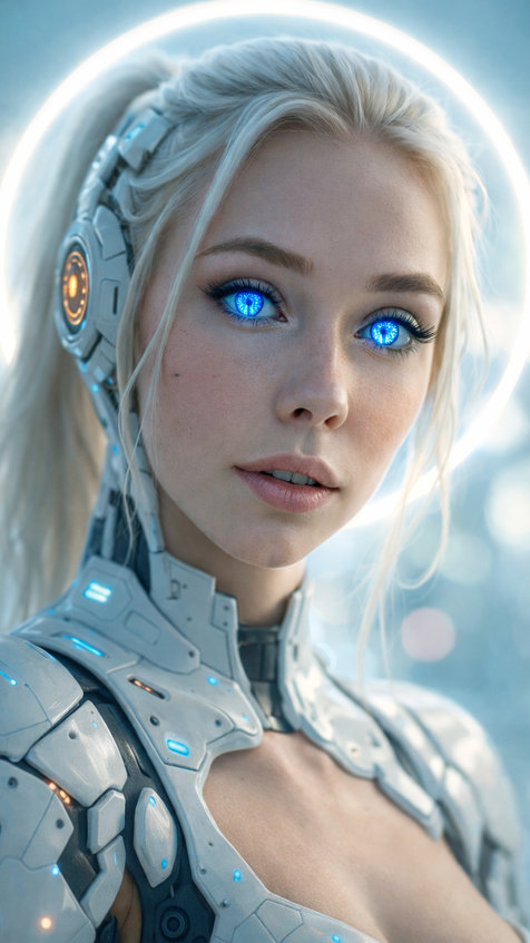 sci fi android face with neural interface and glowing blue details