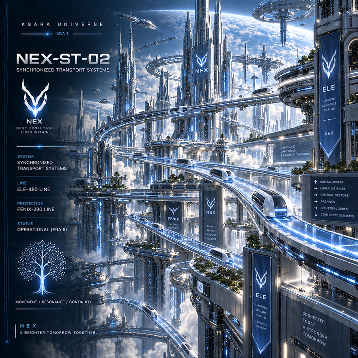Synchronized Transport Systems of NEX, coordinating high-speed movement of citizens, materials, and resources across interconnected planetary sectors.