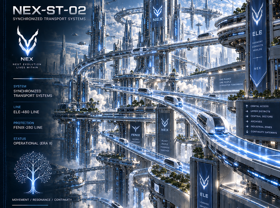 Synchronized Transport Systems of NEX, coordinating high-speed movement of citizens, materials, and resources across interconnected planetary sectors.