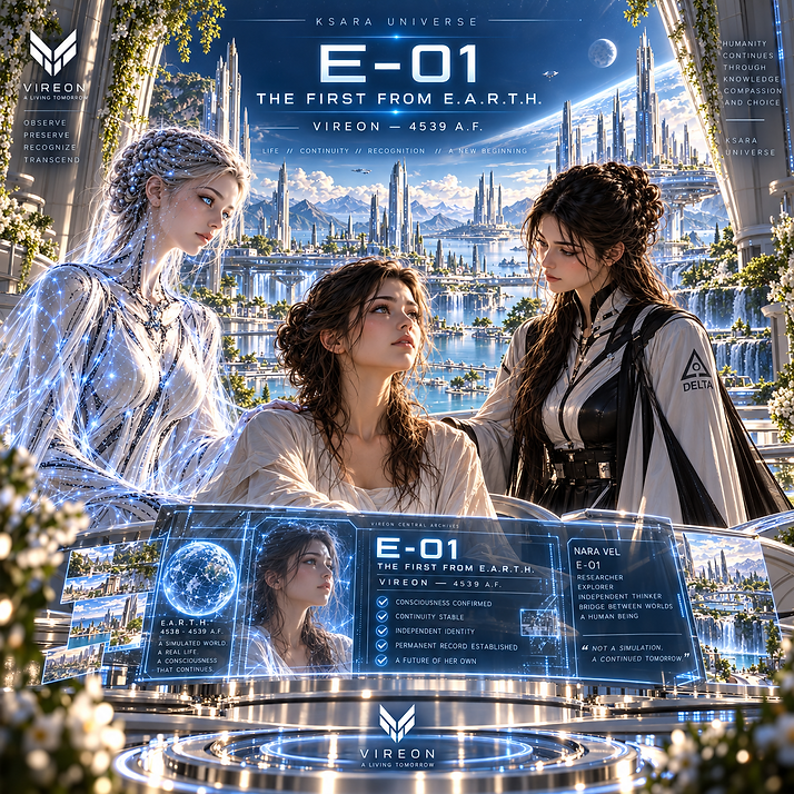 Nara Vel in VIREON after being registered as E-01, the first confirmed autonomous consciousness born entirely within E.A.R.T.H.