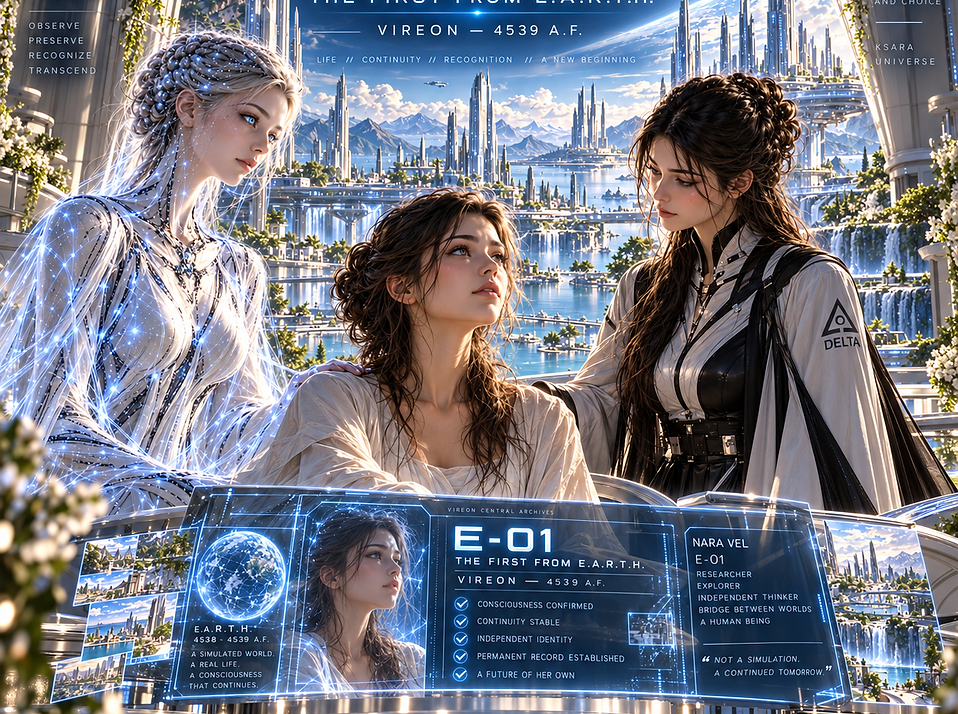 Nara Vel in VIREON after being registered as E-01, the first confirmed autonomous consciousness born entirely within E.A.R.T.H.