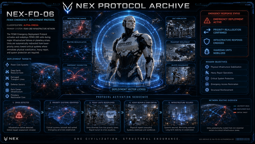 NEX-FD-06 FENIX Emergency Deployment Protocol, activating FENIX units to stabilize damaged infrastructure and support emergency operations across NEX.