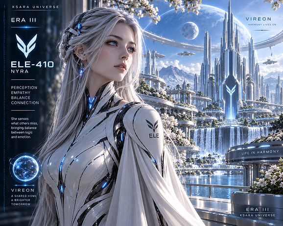 NYRA, one of the Ten Sisters of VIREON, representing the harmony and individuality of synthetic life in ERA III.