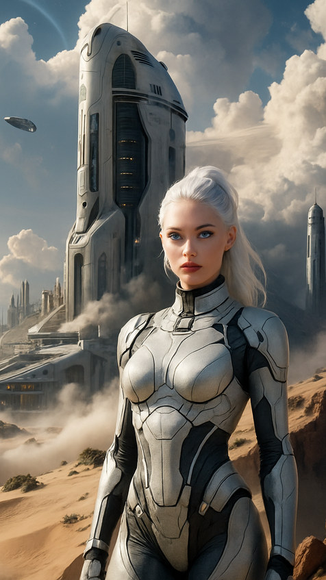 sci fi female robot guarding space colony in sandy terrain with tall structures