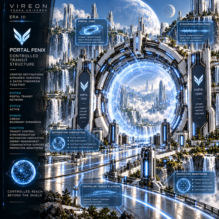 Portal Fenix in VIREON providing controlled long-distance transit, expedition access, and connection to regions beyond the protected city.