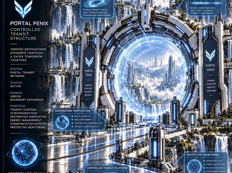 Portal Fenix in VIREON providing controlled long-distance transit, expedition access, and connection to regions beyond the protected city.