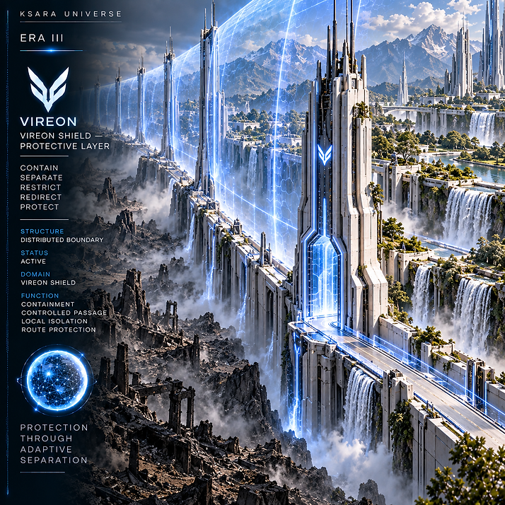VIREON Shield Protective Layer forming the city’s defensive boundary against unstable regions, external threats, and NULLIS-affected territories.
