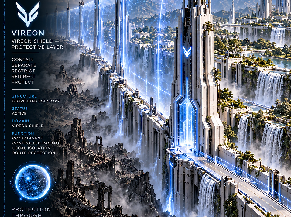 VIREON Shield Protective Layer forming the city’s defensive boundary against unstable regions, external threats, and NULLIS-affected territories.