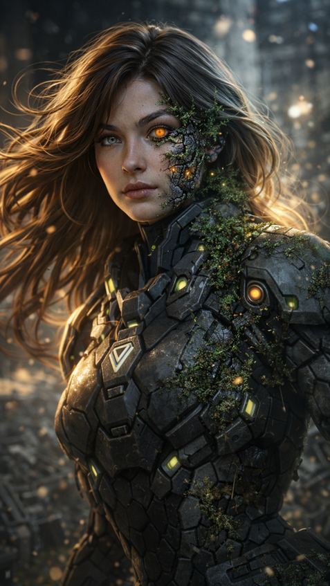ruined biomechanical android with plants reclaiming damaged cybernetic body