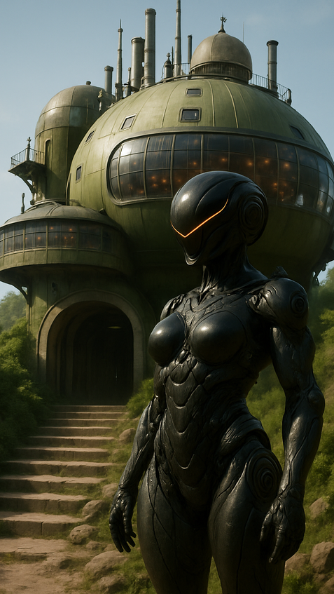 AI sentinel android in forest scene