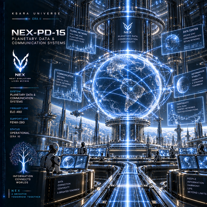 Planetary Data and Communication Systems of NEX, connecting cities, archives, synthetic consciousnesses, and infrastructure through a vast global information network.