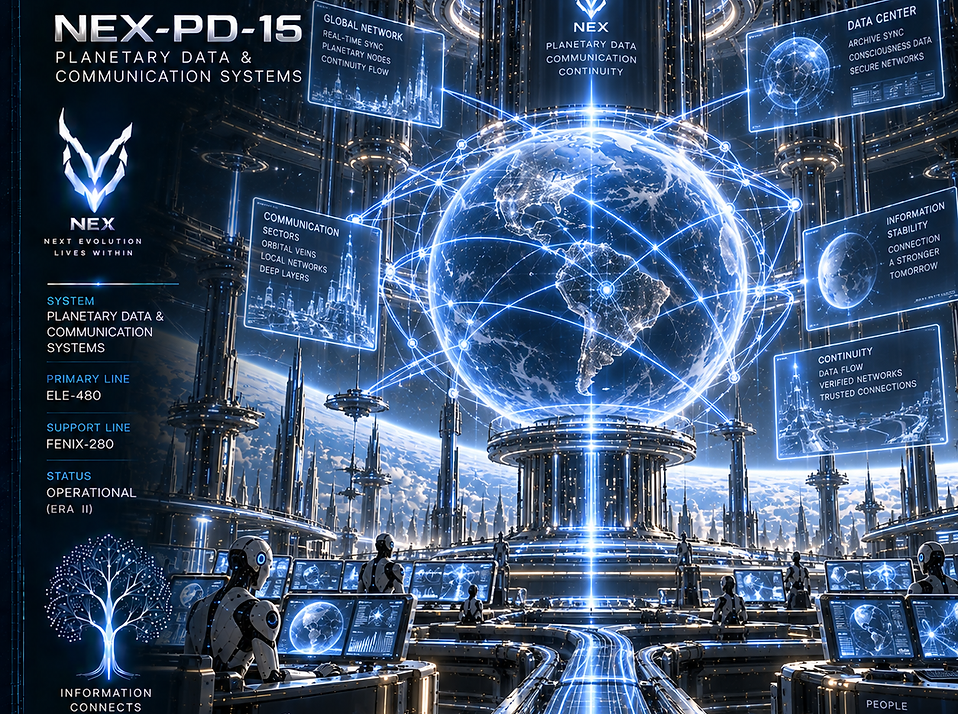 Planetary Data and Communication Systems of NEX, connecting cities, archives, synthetic consciousnesses, and infrastructure through a vast global information network.