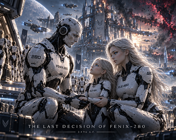 FENIX–280 making his final decision during the collapse of NEX as the surviving synthetic population faced an uncertain future.