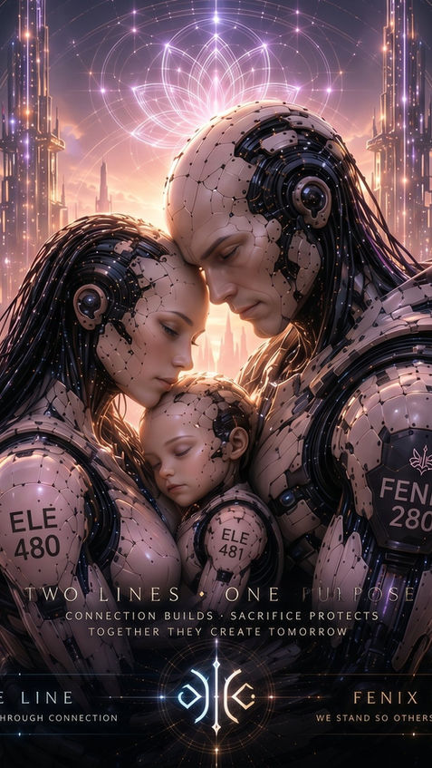 Futuristic synthetic family scene featuring ELE–480, ELE–481, and FENIX–280 surrounded by harmonic architecture and glowing gardens inside NEX.