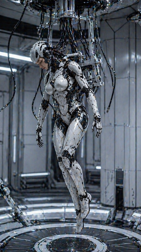 cybernetic android with neural cables in high tech chamber