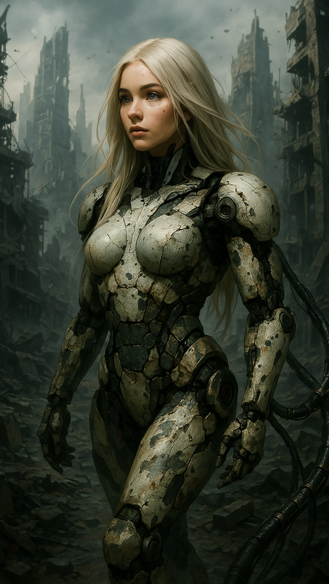 battle worn AI unit standing in wasteland ruins
