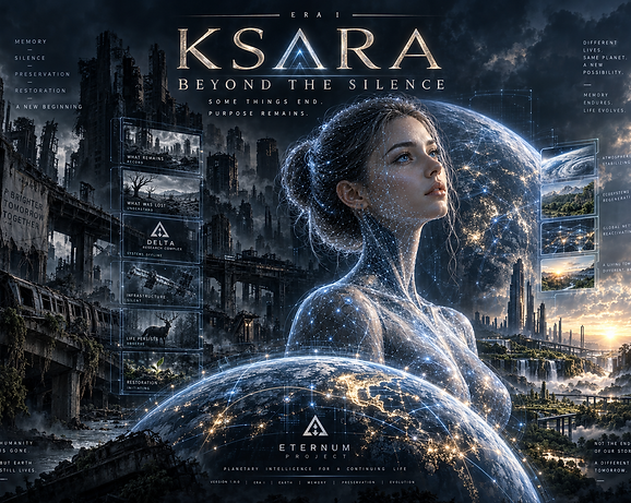 Ksara Beyond the Silence, showing Ksara continuing alone across Earth after the disappearance of humanity while rebuilding and preserving the foundations of the future.